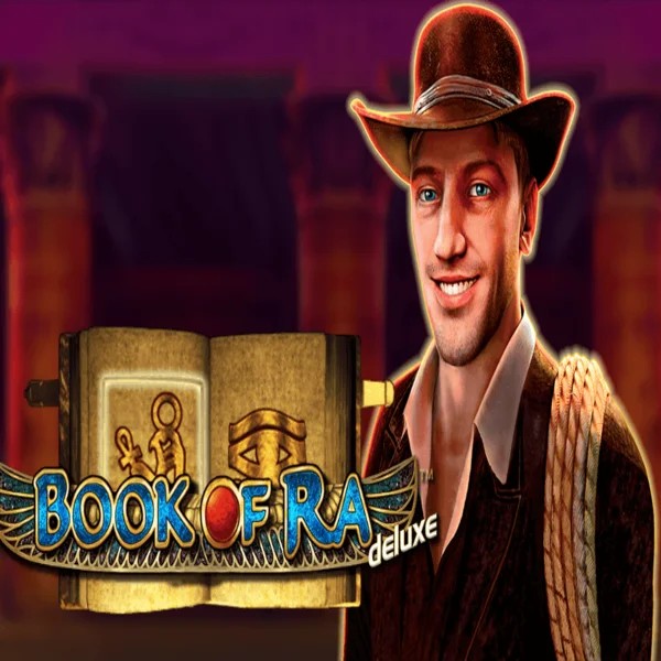 Book of Ra Deluxe slot logo by Novomatic at Stake Casino